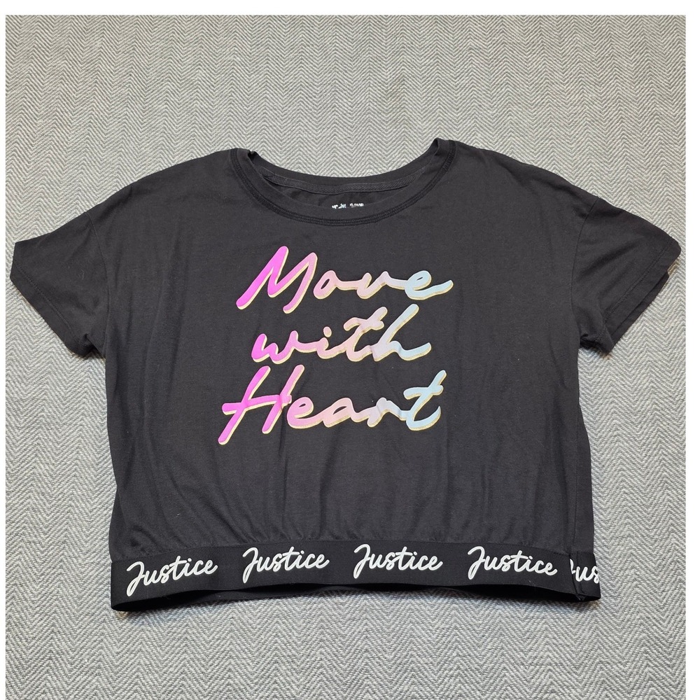 Justice Girls Move With Heart Black Graphic Tee Logo Hem JSZH9 XL 16/18